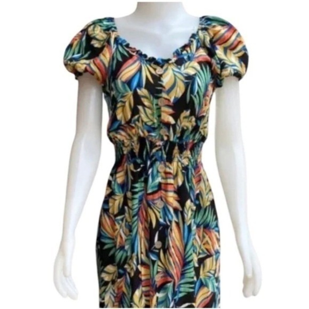 Kindred Anthropologie Tropical Leaf Print Smocked Maxi Dress 1X Multicolor